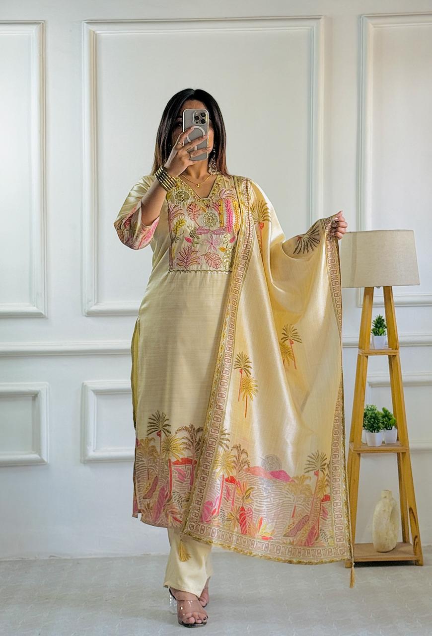 Cream Silk Suit with Tropical Embroidered and handwork Dupatta