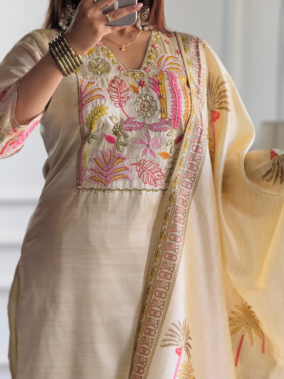 Cream Silk Suit with Tropical Embroidered and handwork Dupatta