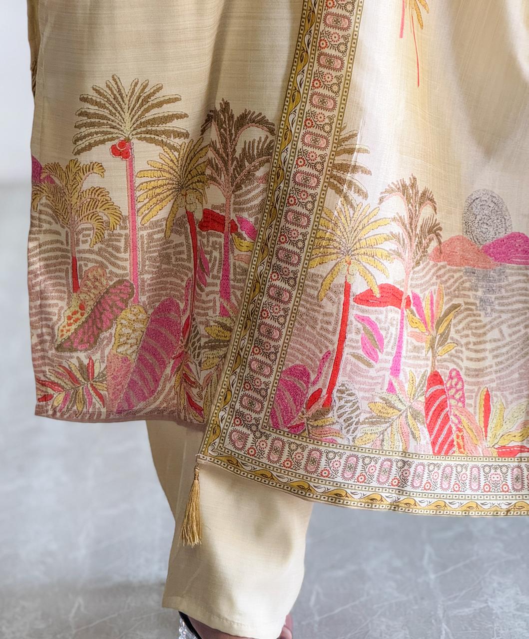 Cream Silk Suit with Tropical Embroidered and handwork Dupatta