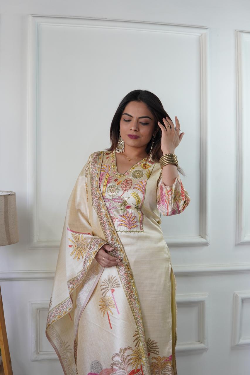 Cream Silk Suit with Tropical Embroidered and handwork Dupatta