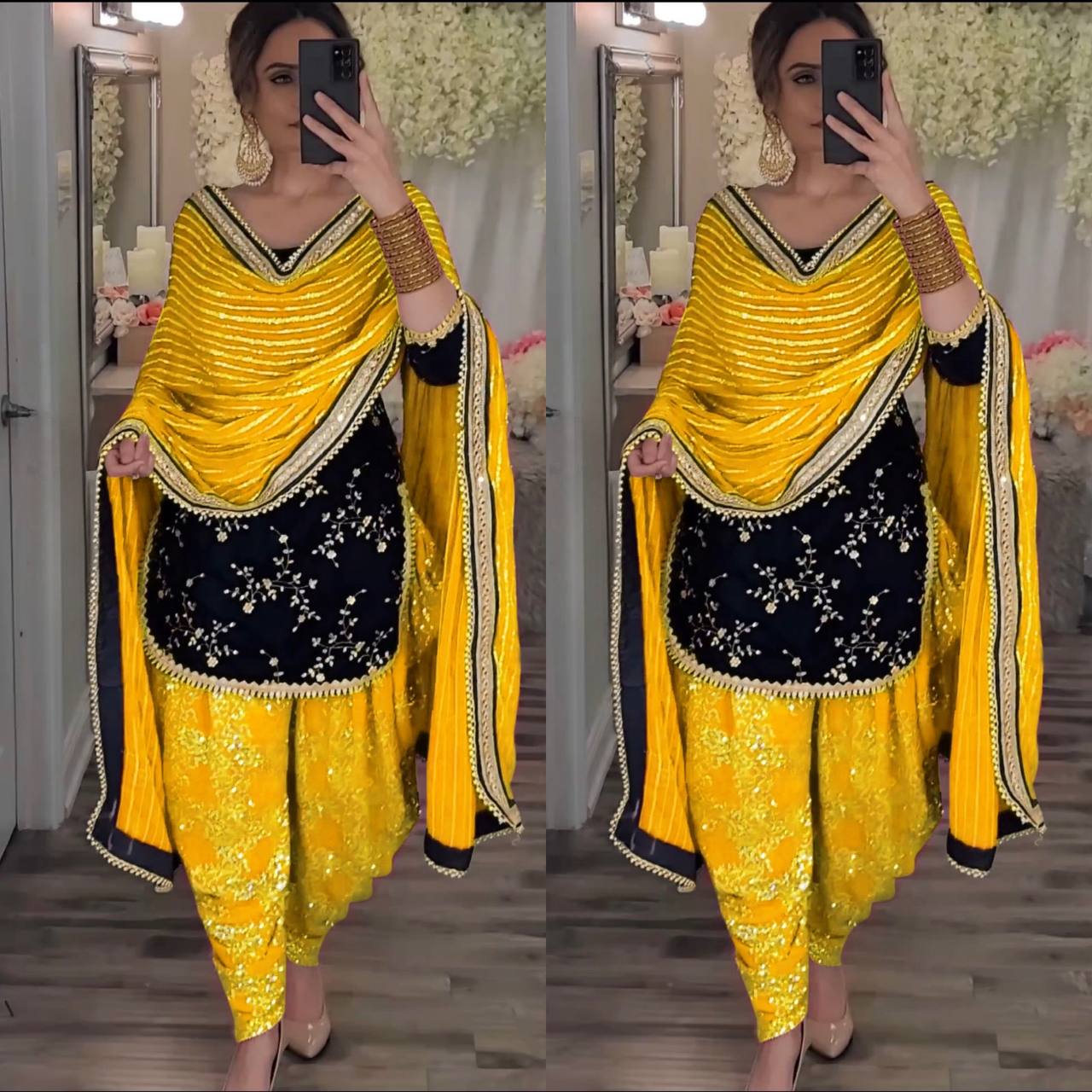 Black and Yellow Viscose Velvet Top Dhoti Salwar With Embroidery Dupatta Set