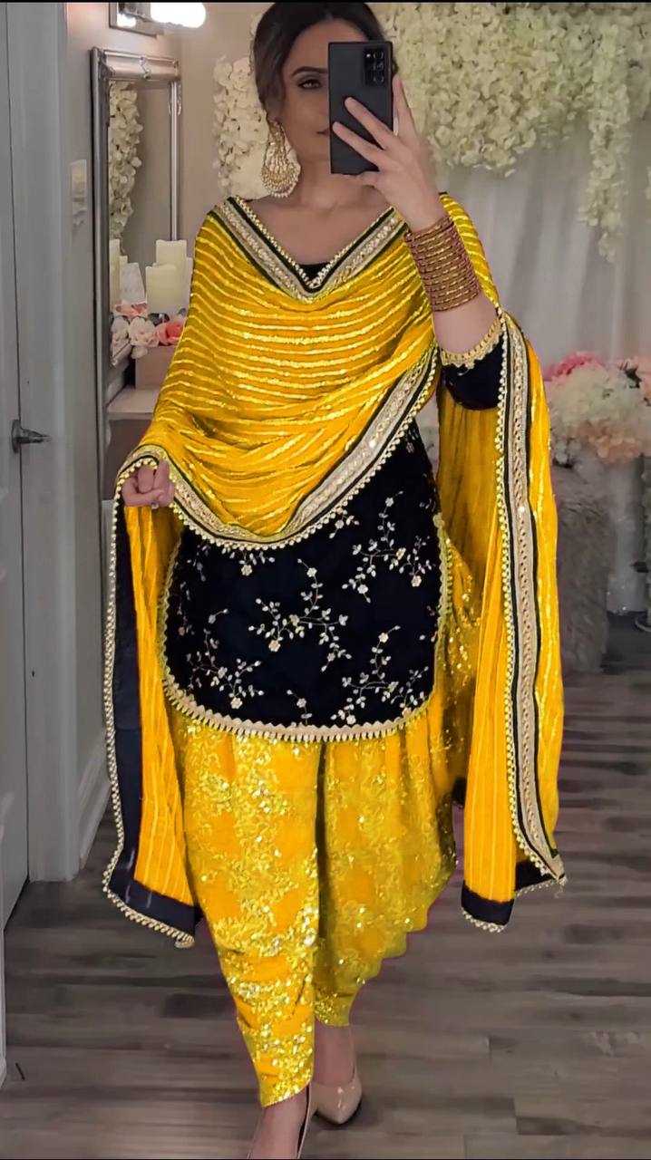 Black and Yellow Viscose Velvet Top Dhoti Salwar With Embroidery Dupatta Set