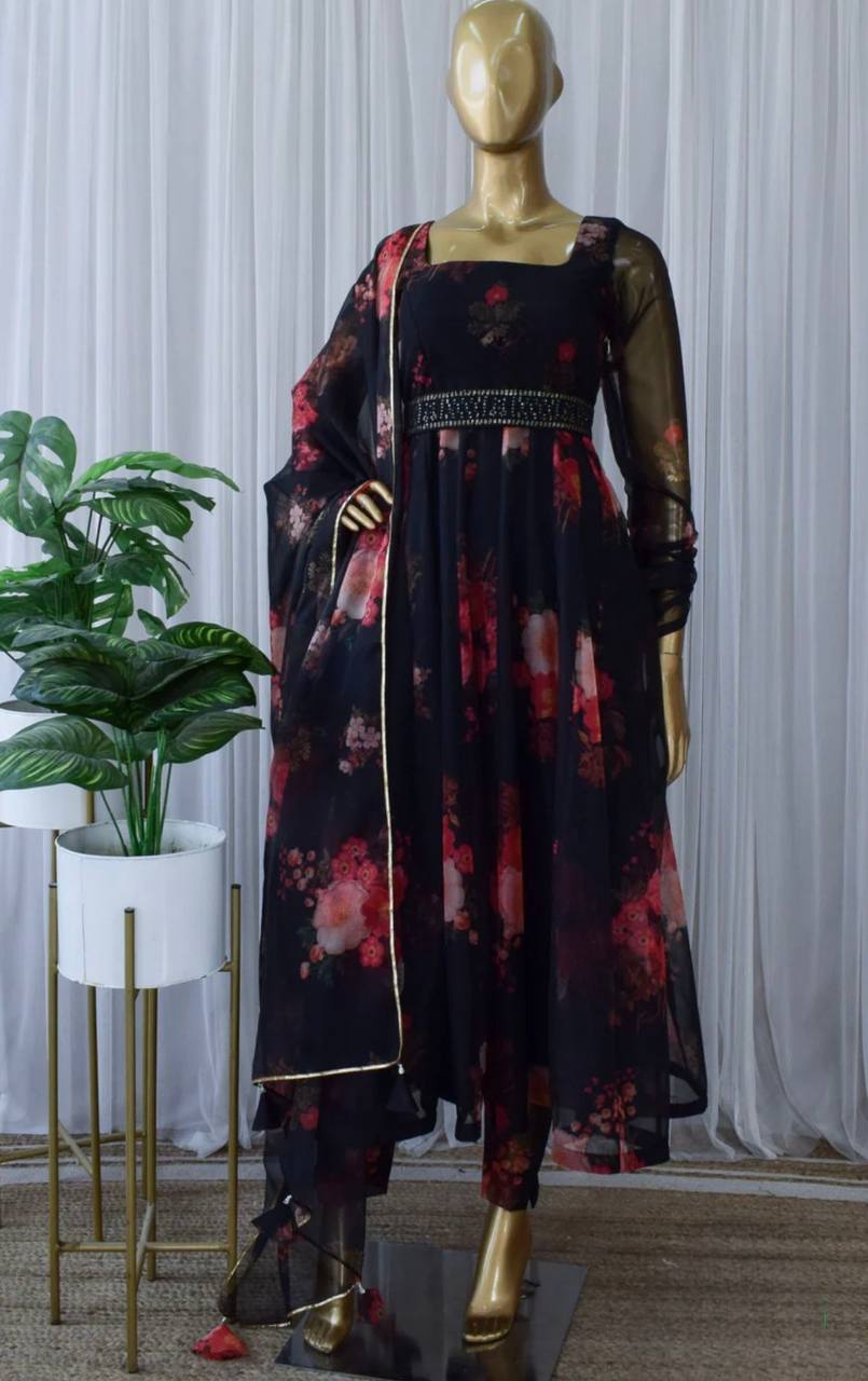 Black Organza Printed Anarkali Kurti With Pant and Dupatta Set