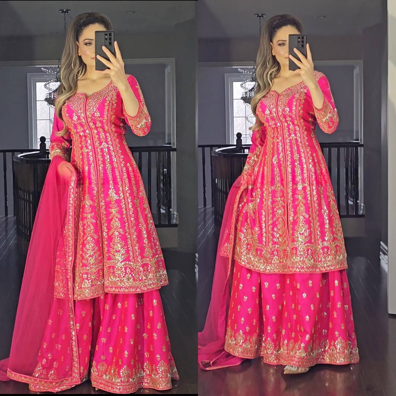 Rani Pink Special Presenting New Designer LongTop Sharara Plazzo Dupatta Suit Set