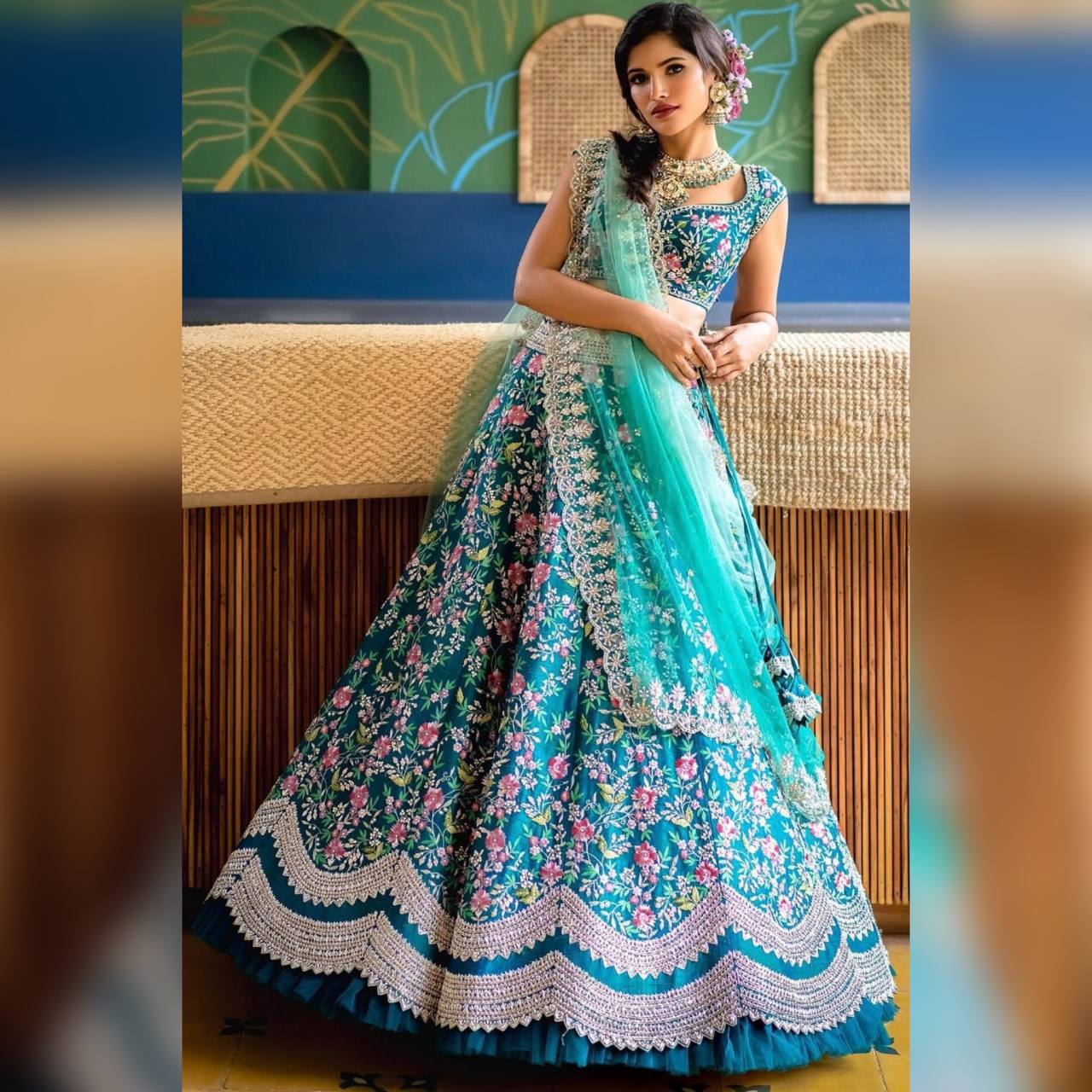 * Aqua blue colour Embroidered Attractive Party Wear Silk Lehenga choli *