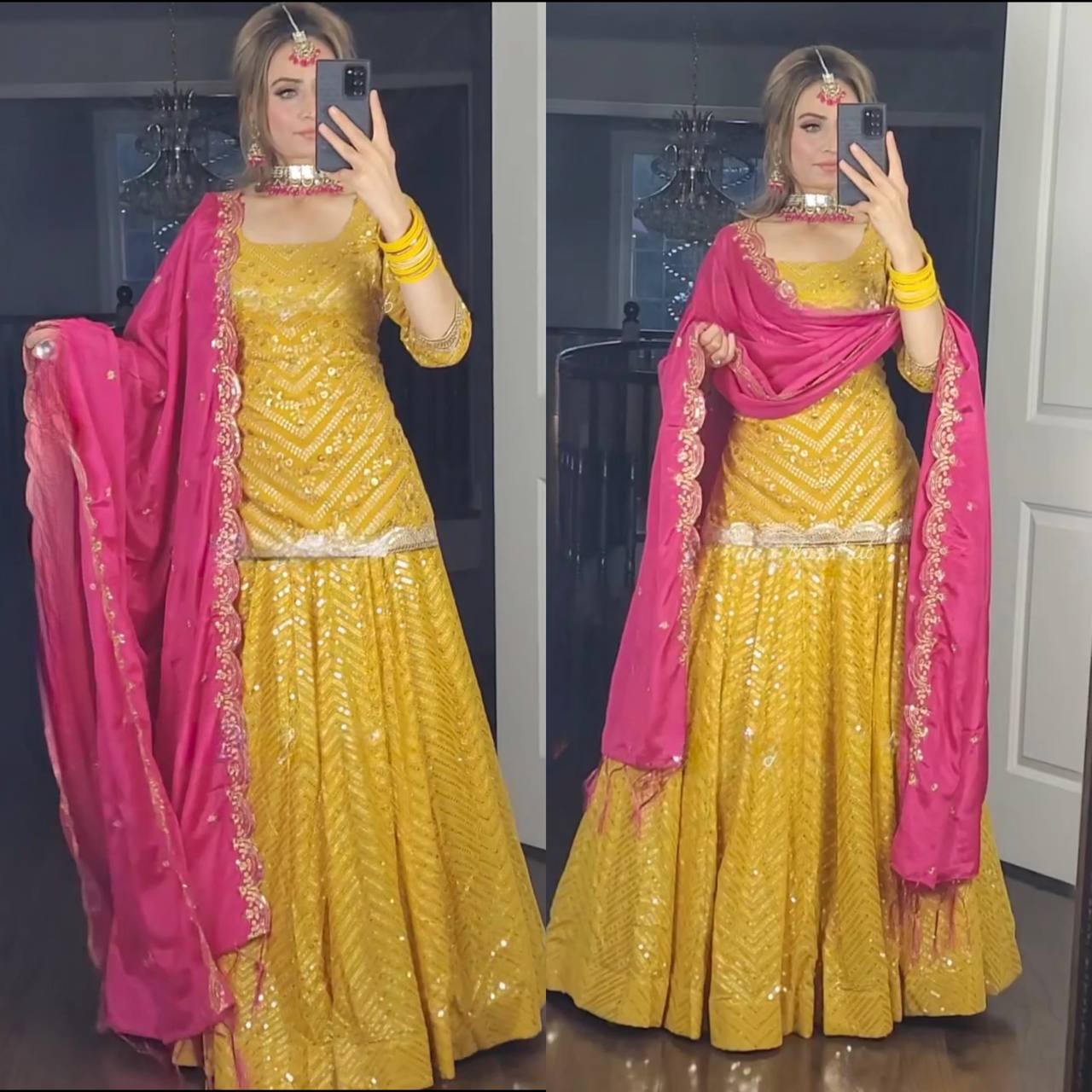 Yellow Colour Top Lehenga and Pink dupatta With Heavy Embroidery Work Suit Set