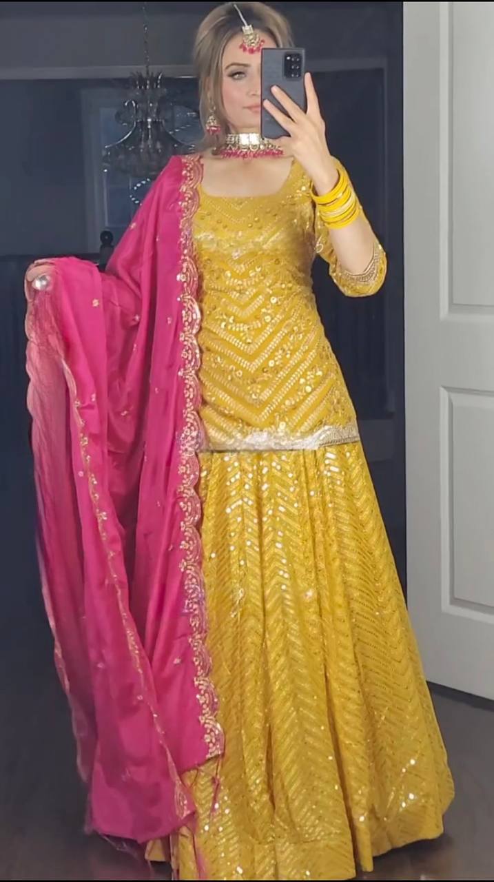 Yellow Colour Top Lehenga and Pink dupatta With Heavy Embroidery Work Suit Set