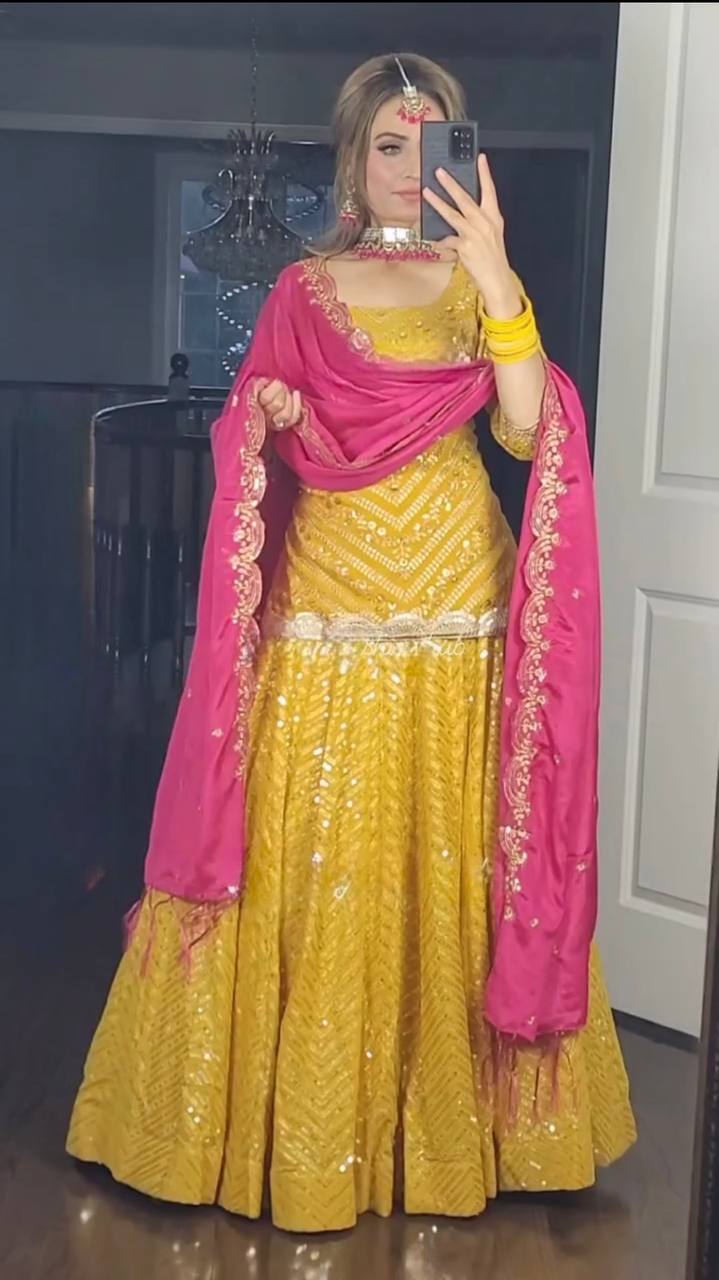 Yellow Colour Top Lehenga and Pink dupatta With Heavy Embroidery Work Suit Set