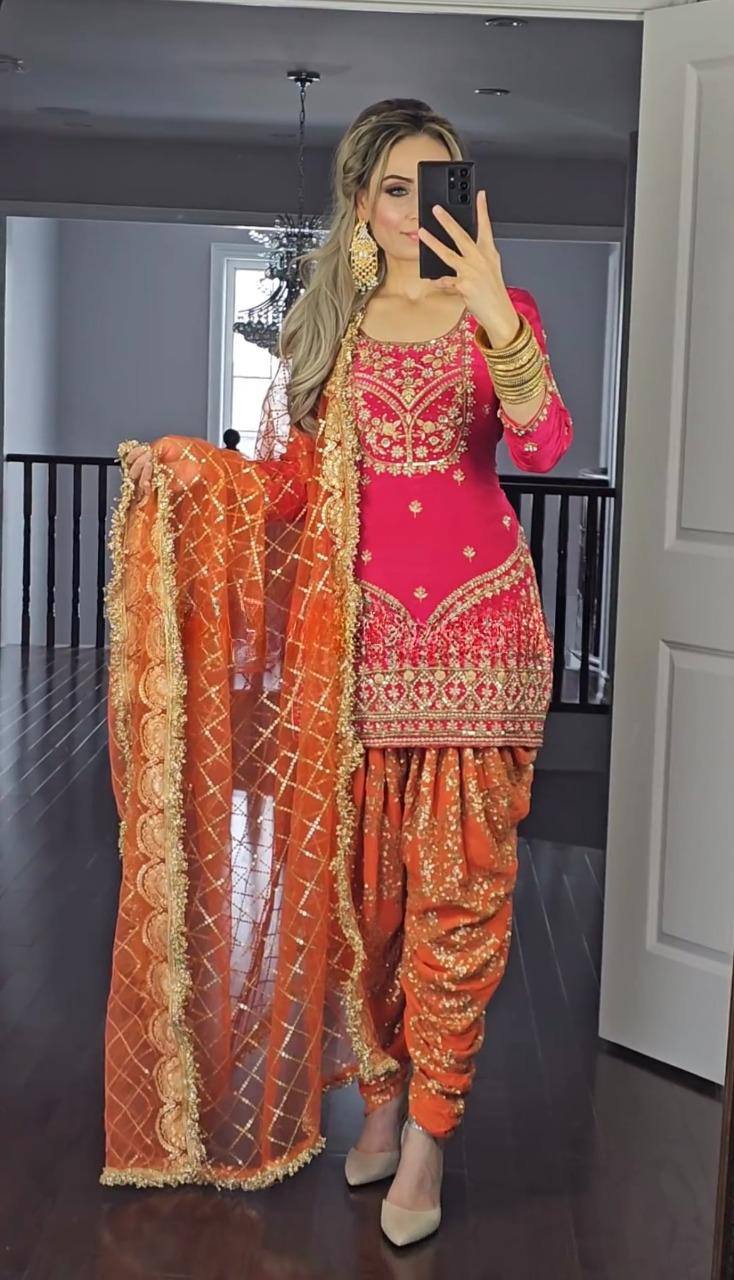 Pink and orange Pink and Green Colour New Designer Top Dhoti and Dupatta Set