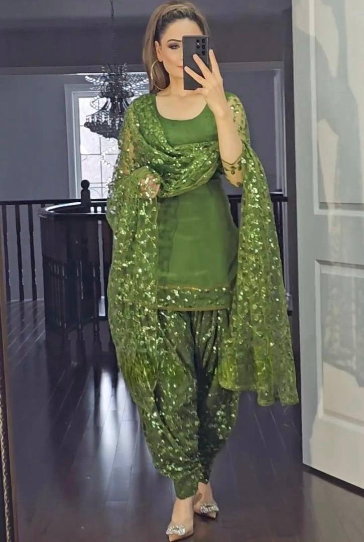 Mehendi green Colour New Designer Fox Georgette Top Dhoti Salwar and Dupatta Set