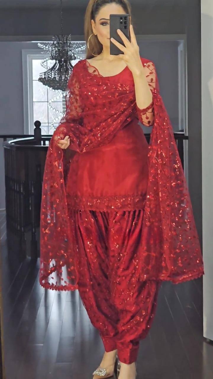 Red Colour New Designer Fox Georgette Top Dhoti Salwar and Dupatta Set