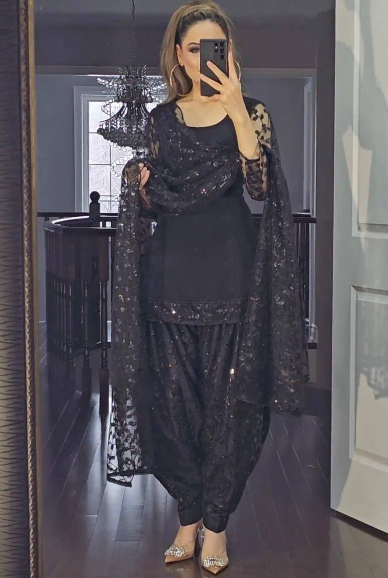 Black Colour New Designer Fox Georgette Top Dhoti Salwar and Dupatta Set