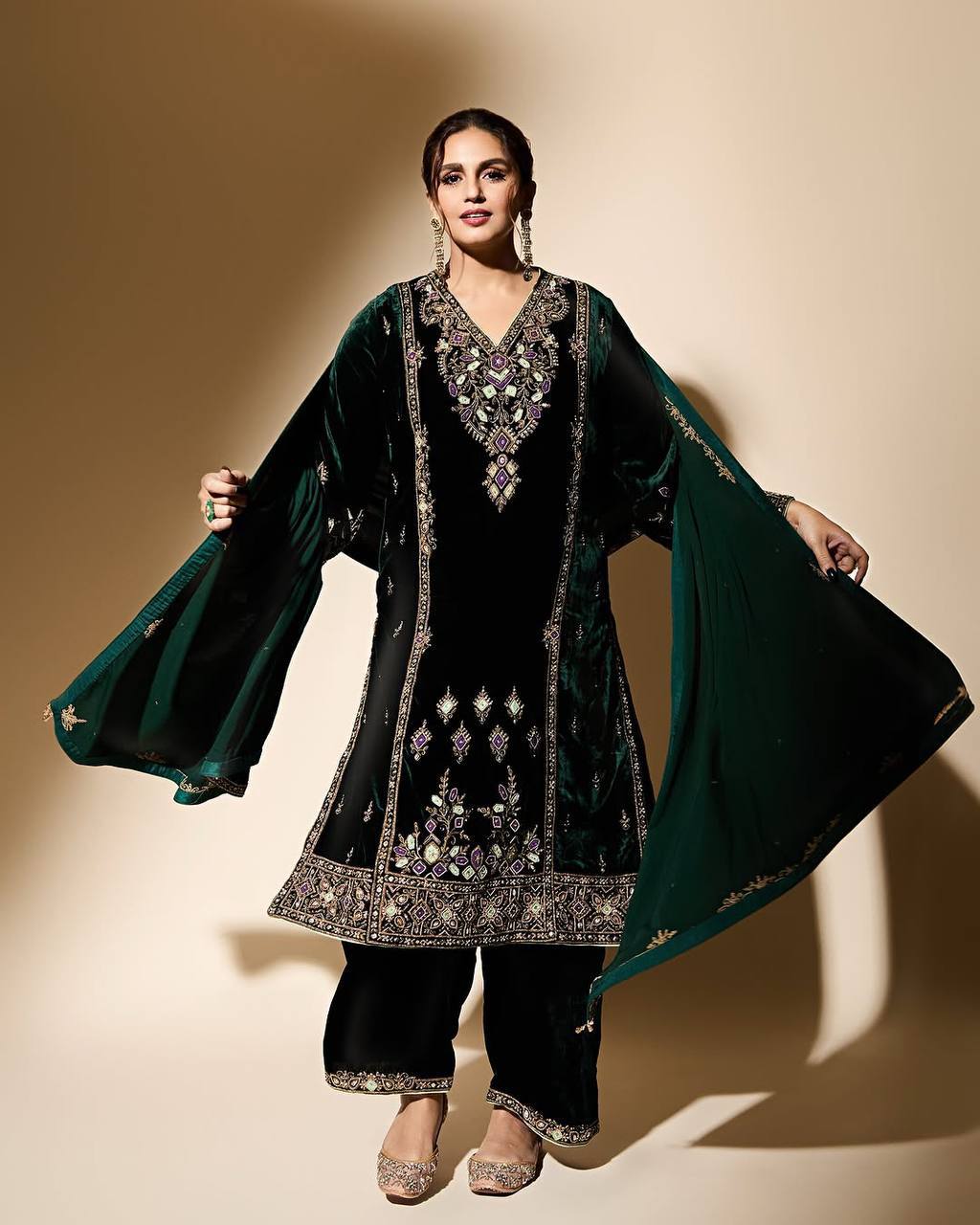 Green Coloured Embroidered Attractive Party Wear Velvet Silk fabric Kurti pair