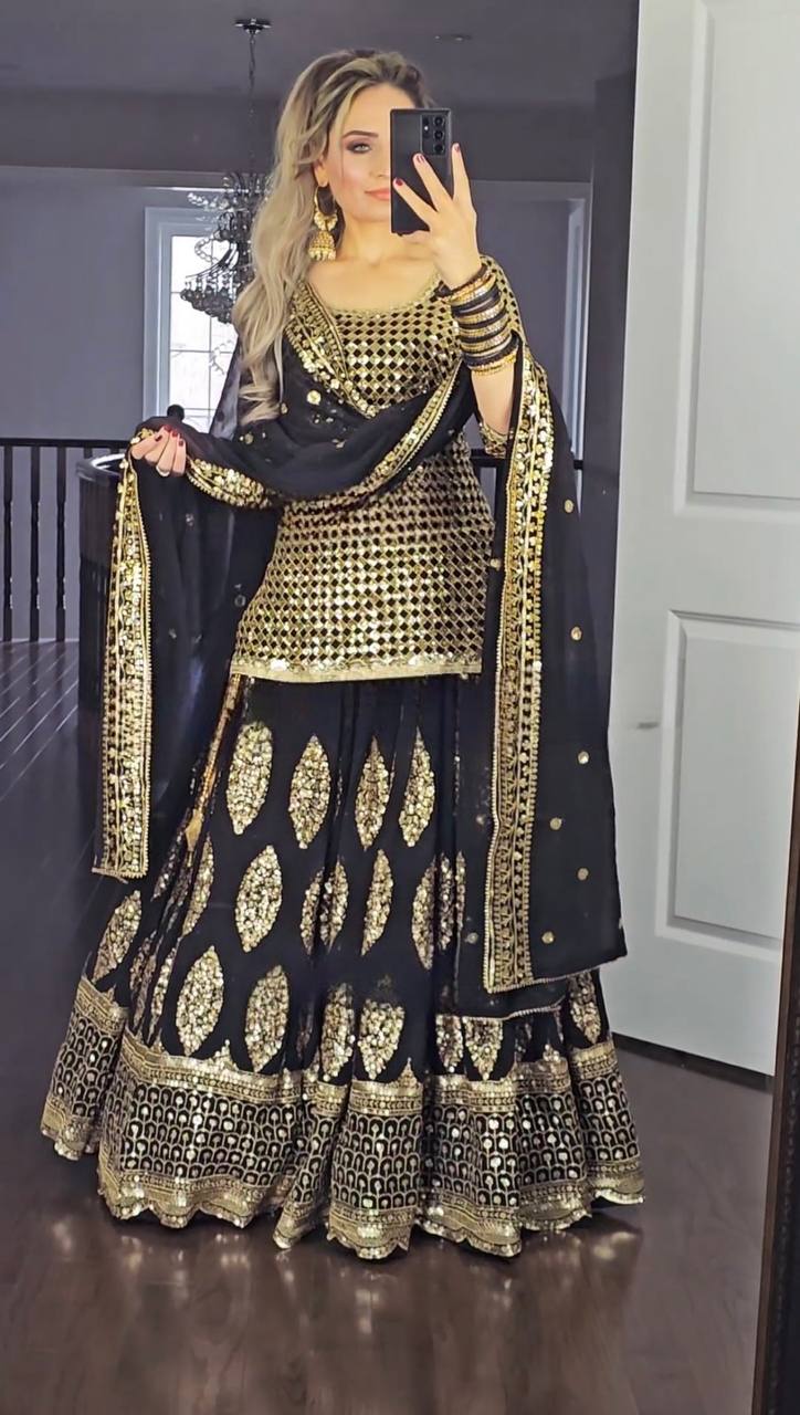 Black Colour Fox Georgette Top Lehenga and Dupatta With Heavy Embroidery Work Set