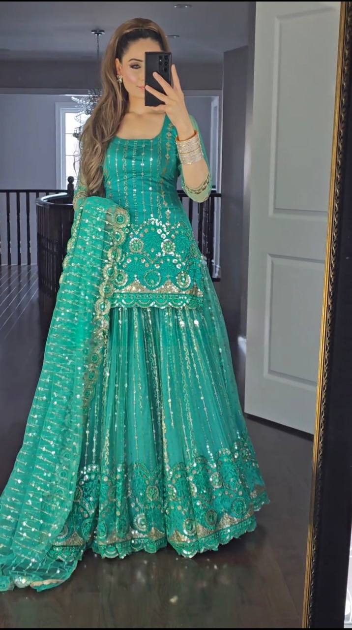 Green Colour Party Wear Look Top Lehenga and Dupatta With Heavy Embroidery Work Set