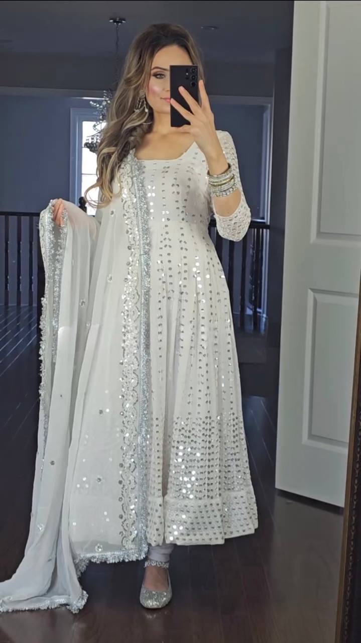 White Faux Blooming With 9mm Sequins Embroidered Gown With Dupatta