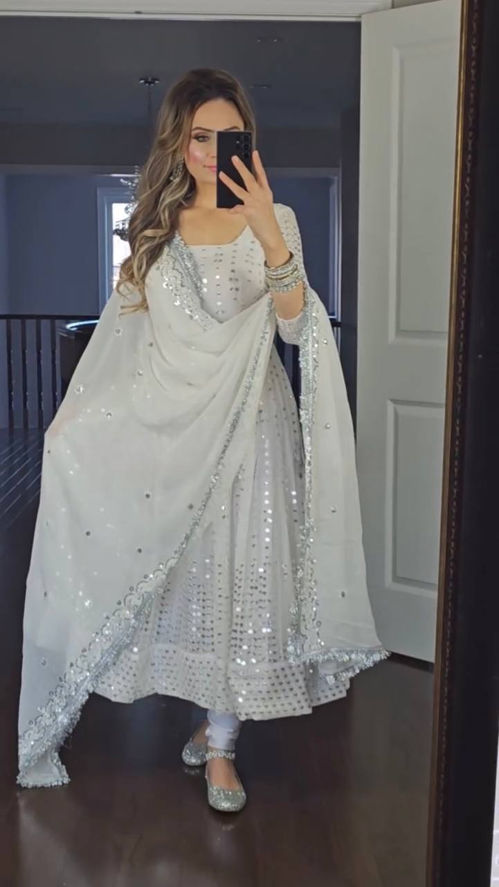 White Faux Blooming With 9mm Sequins Embroidered Gown With Dupatta