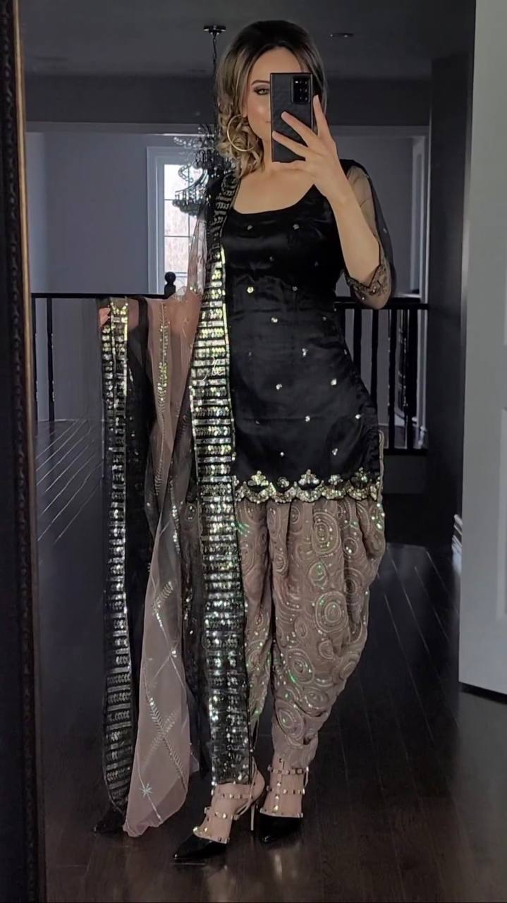 Black and Chiku Colour New Designer Party Wear Look Top Dhoti and Dupatta Set