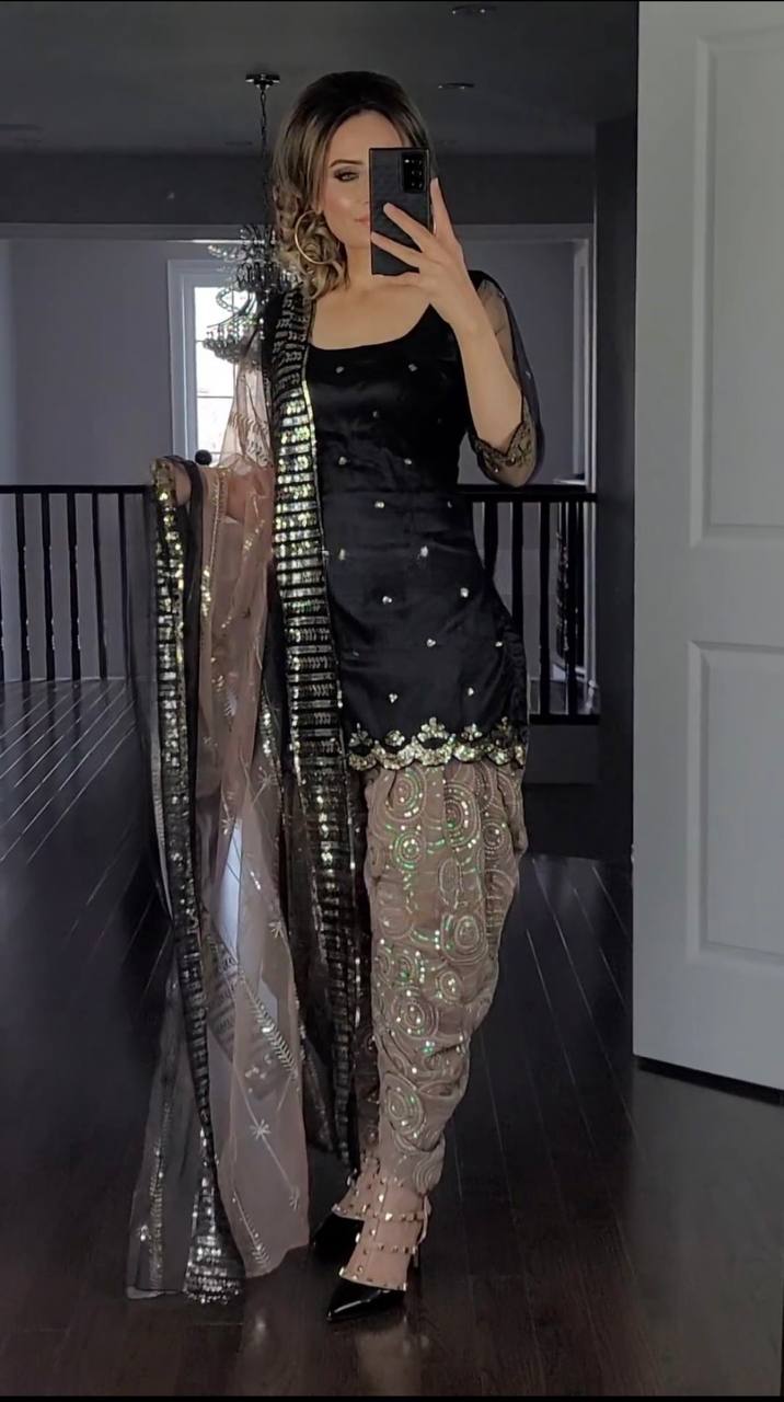 Black and Chiku Colour New Designer Party Wear Look Top Dhoti and Dupatta Set