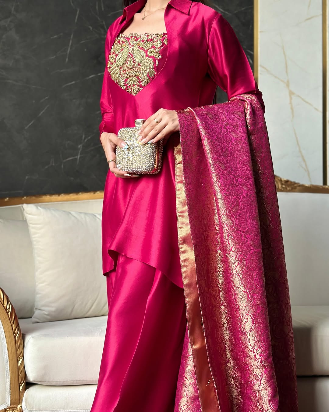 Deep Rani Pink Silk Patiala Suit with Heavy Bids Hand Work Neckline & Jacquard Dupatta set