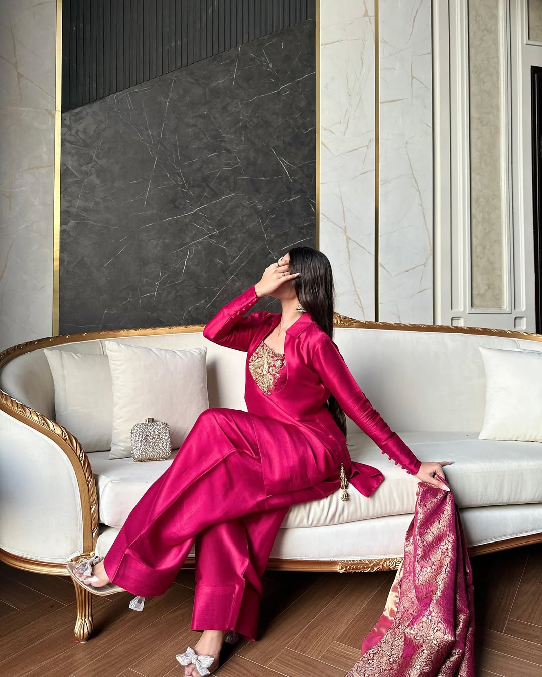 Deep Rani Pink Silk Patiala Suit with Heavy Bids Hand Work Neckline & Jacquard Dupatta set
