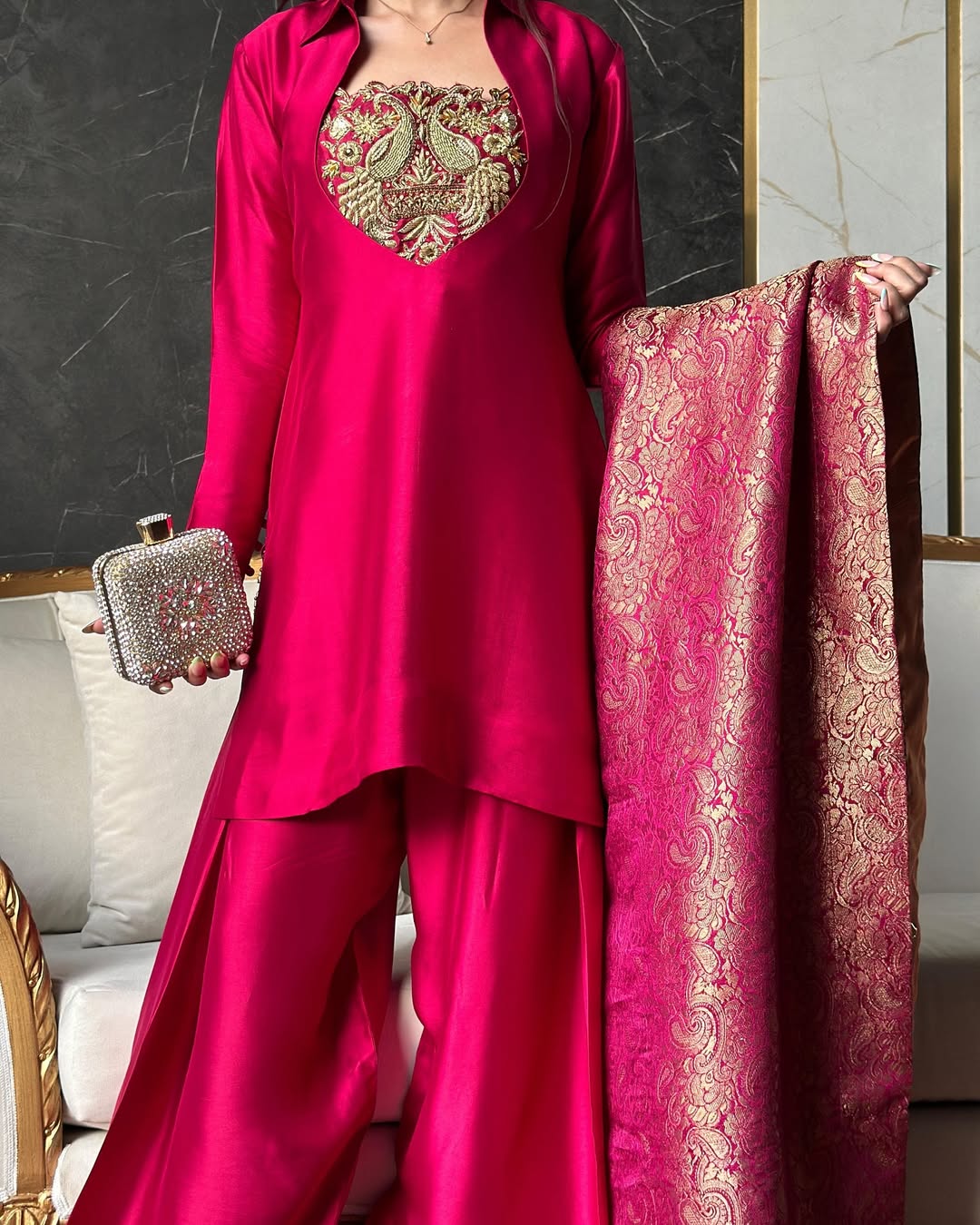 Deep Rani Pink Silk Patiala Suit with Heavy Bids Hand Work Neckline & Jacquard Dupatta set