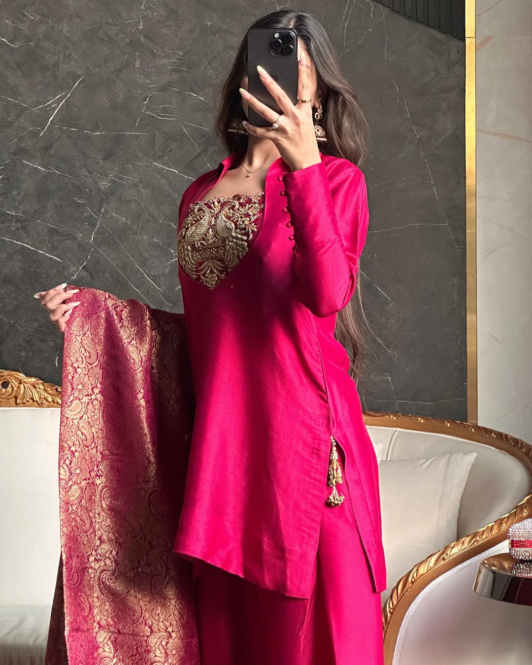 Deep Rani Pink Silk Patiala Suit with Heavy Bids Hand Work Neckline & Jacquard Dupatta set