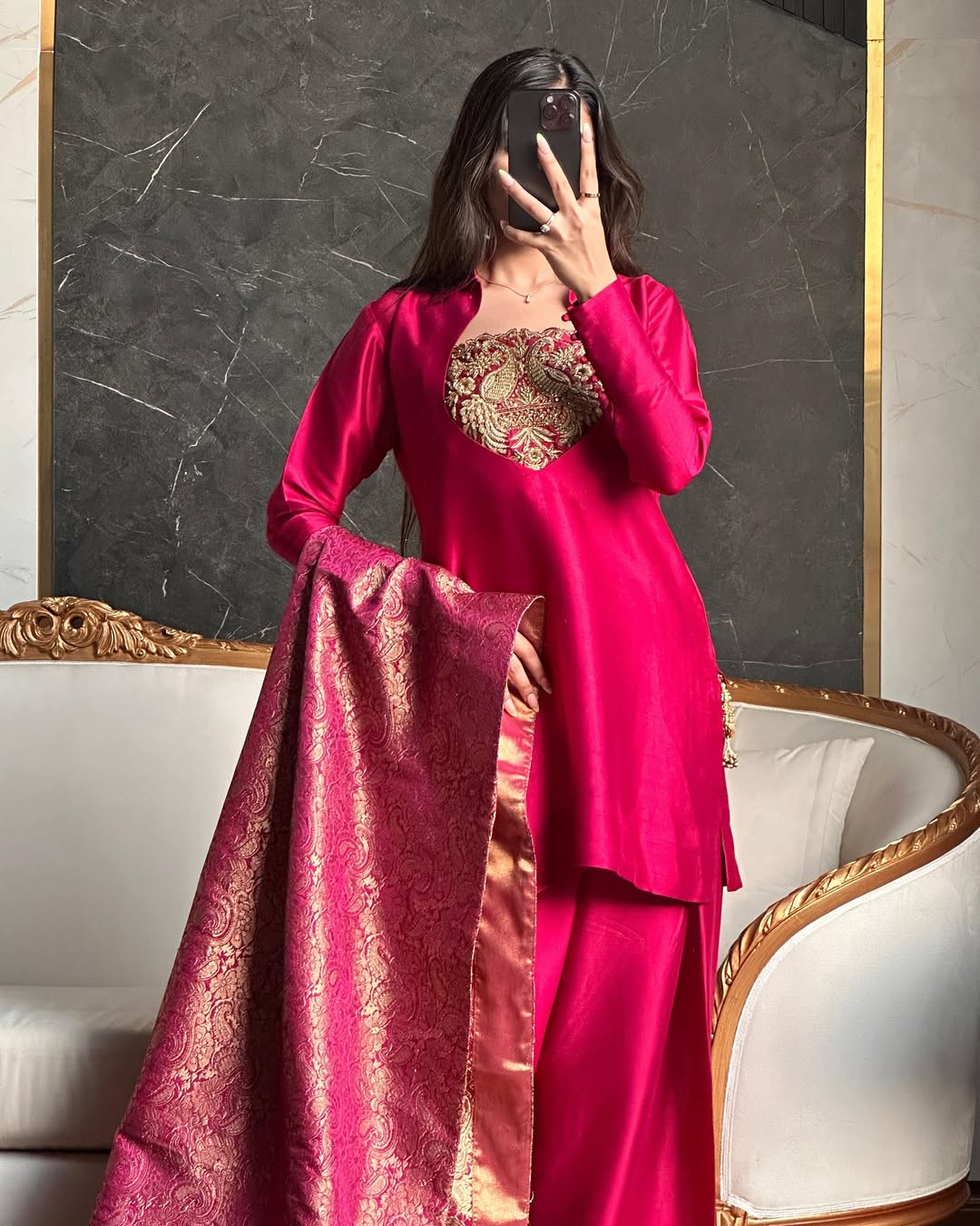 Deep Rani Pink Silk Patiala Suit with Heavy Bids Hand Work Neckline & Jacquard Dupatta set